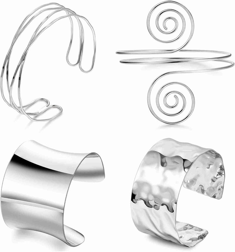 Masedy 4PCS Gold Arm Cuff Bracelets for Women Chunky Open Wrap Cuff Bracelet Set Adjustable Upper Arm Bracelet Bangle Statement Bracelet Minimalist Irregular Armband Coil Swirl Arm Jewelry - Image 1